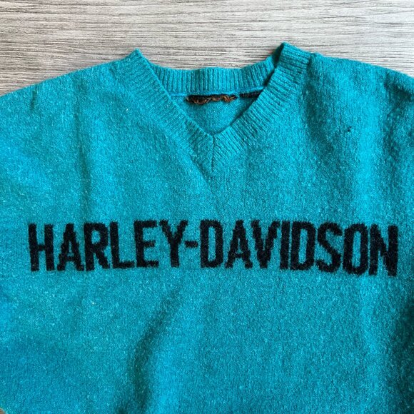 Vintage Harley Davidson Riding Knit Spellout V-Neck Turquoise Sweater Size L - Picture 2 of 3
